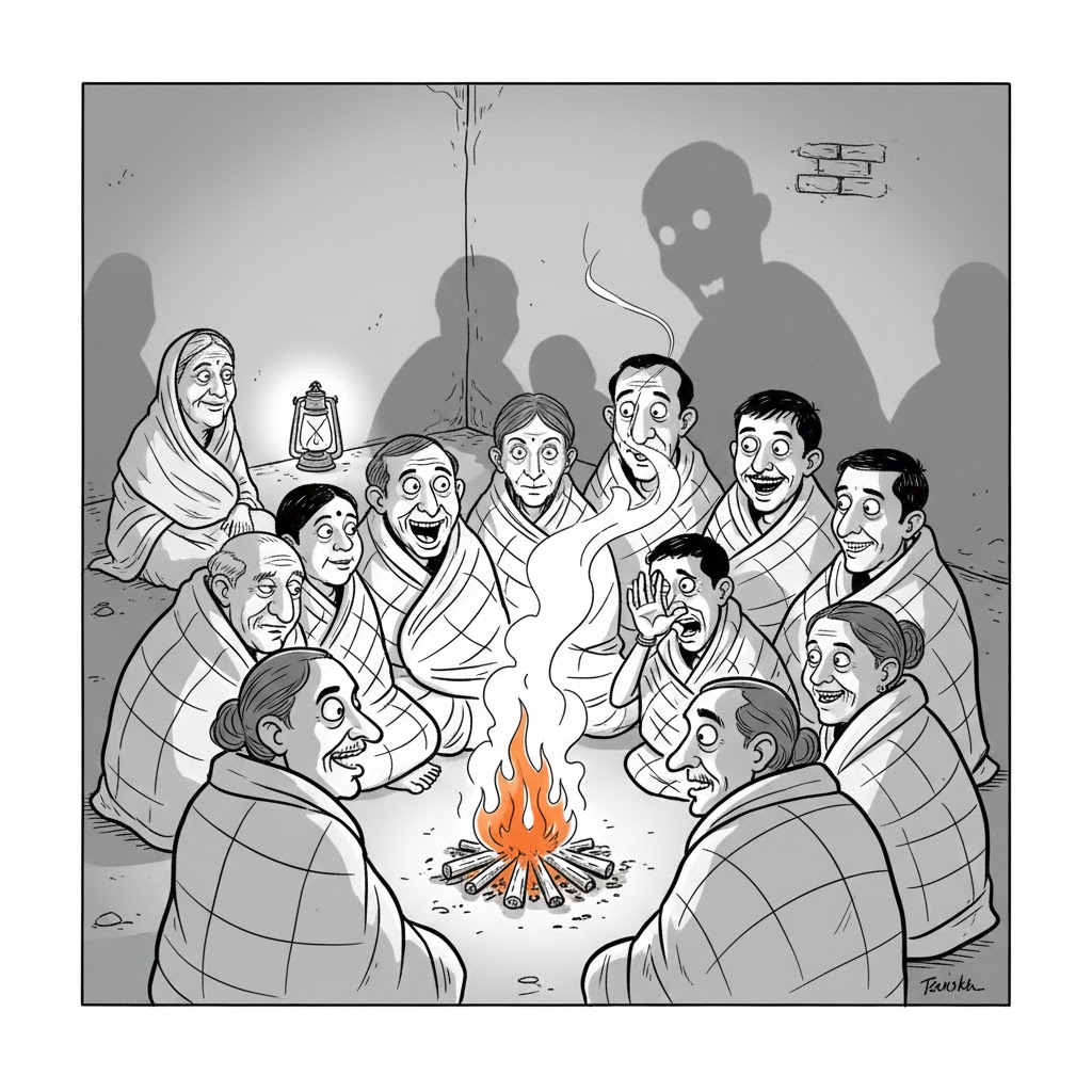 गाँव के दृश्य में जलते अलाव के चारों ओर रज़ाइयों में लिपटे लोग बैठे हैं, अलाव का धुआँ हास्यपूर्ण ढंग से एक व्यक्ति की ओर जा रहा है, पीछे ढिबरी की रोशनी और बचपन की सर्दियों का व्यंग्यात्मक माहौल दिखाई देता है।