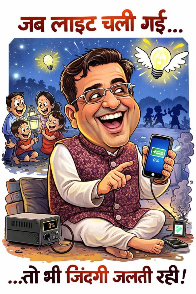 इन्वर्टर बंद पड़ा है, अंधेरे में बैठा चश्माधारी व्यक्ति मुस्कुराते हुए मोबाइल चार्ज करता दिख रहा है, पीछे बच्चे लालटेन के साथ खेल रहे हैं और व्यंग्यात्मक माहौल में “जब लाइट चली गई… तो भी ज़िंदगी जलती रही” का भाव उभरता है।