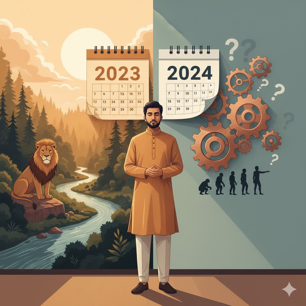 एक चिंतनशील व्यक्ति बदलते कैलेंडर को देखते हुए, पीछे प्रकृति के तत्व—पेड़, बादल और जानवर—निरंतरता का प्रतीक बने हुए, जबकि मनुष्य आत्म-परिवर्तन पर विचार करता हुआ।