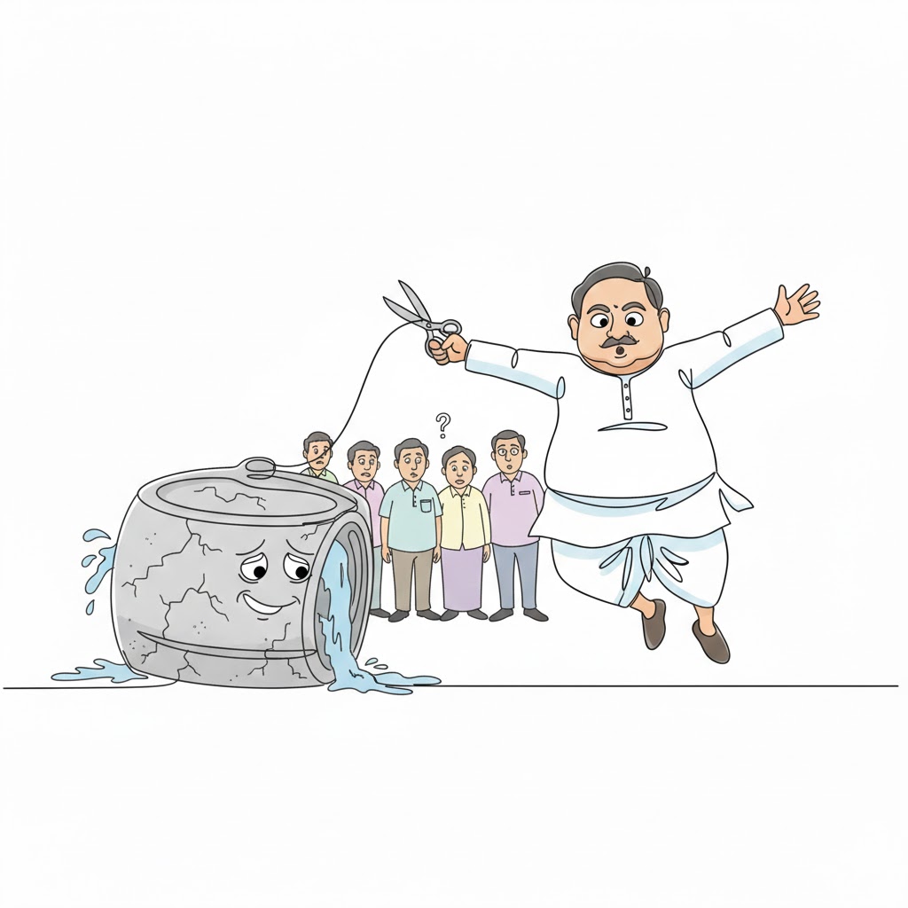 उद्घाटन से पहले गिरी पानी की टंकी का एक रेखात्मक कैरिकेचर, जिसमें टंकी शर्मिंदा मुद्रा में बैठी है और पीछे नेता की कैंची हवा में अटकी हुई है, दृश्य व्यंग्य और हास्य से भरपूर।