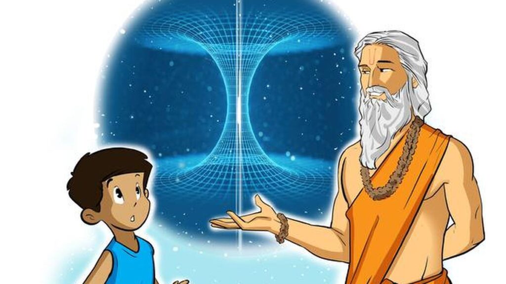 राजा ककुद्मी और रेवती की प्रतीकात्मक चित्रण, जिसमें सतलोक में ब्रह्मा का लोक, ब्रह्मांडीय समय, ग्रह-नक्षत्र और पृथ्वी पर बदलते युगों को दर्शाया गया है।