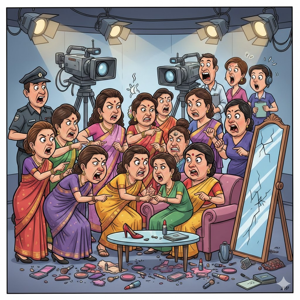 एक टीवी स्टूडियो में बहस के दौरान सजी-धजी महिलाएँ आपस में बहस, कुर्सियों की खींचतान और मेकअप टेबल के आसपास अफरातफरी करती हुईं; पीछे घबराया हुआ प्रोड्यूसर और कैमरा क्रू स्थिति संभालने की कोशिश करते हुए।