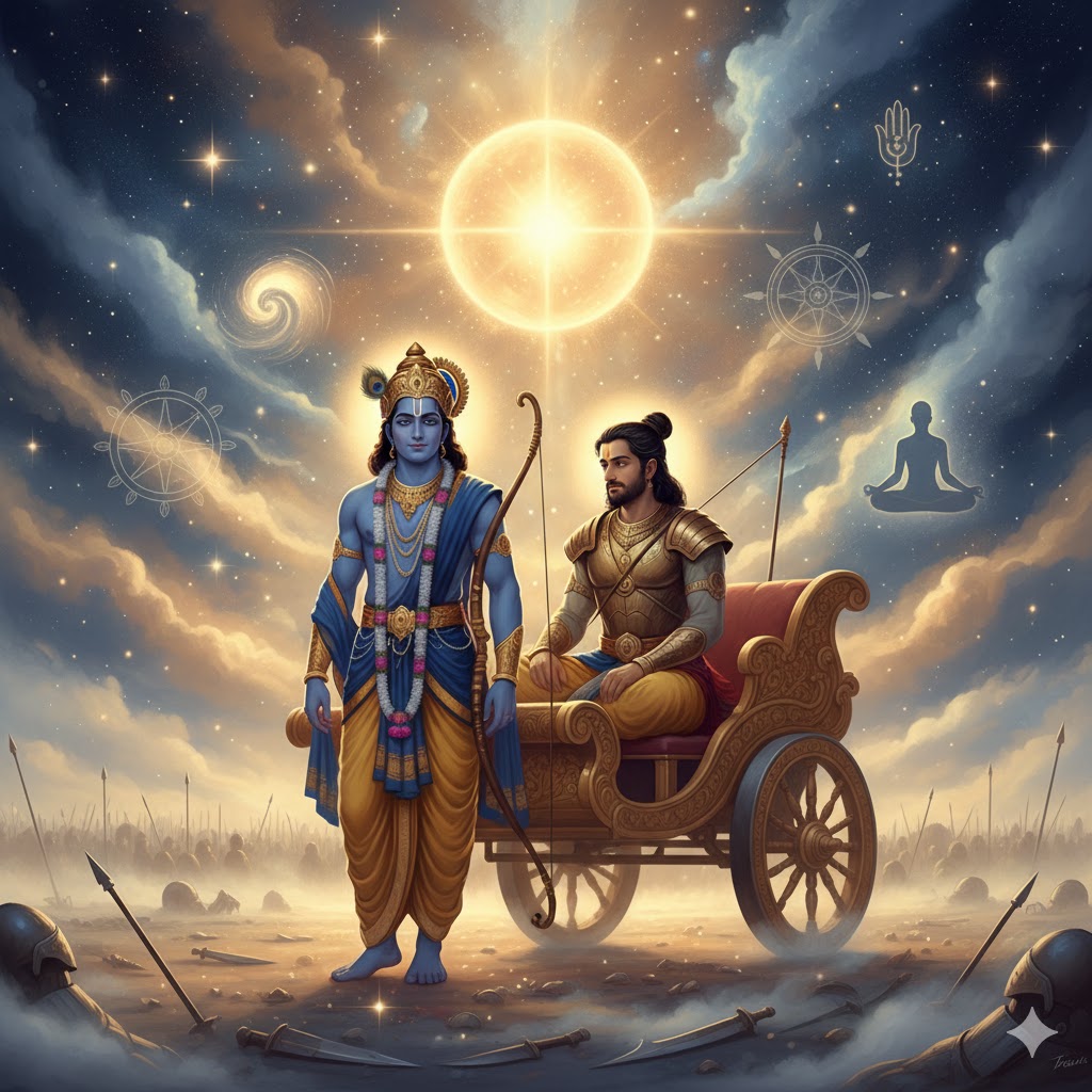 भगवद्गीता का दार्शनिक समन्वय दर्शाता एक प्रतीकात्मक चित्र, जिसमें कृष्ण और अर्जुन के रथ के पीछे ब्रह्मांडीय प्रकाश, सांख्य, योग, वेदान्त, बौद्ध और जैन चिन्हों का सूक्ष्म संयोजन दर्शाया गया है।