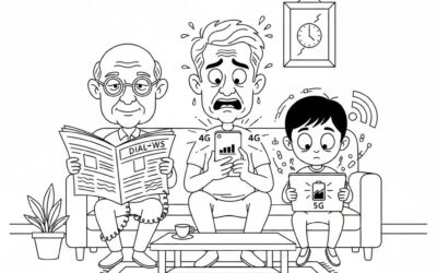 कार्टून रेखाचित्र में तीन पीढ़ियाँ—दादा अख़बार और चश्मे के साथ, पिता मोबाइल पर नेटवर्क सिग्नल देखते हुए, और बच्चा टैबलेट/स्मार्टफोन में डूबा—ऊपर बैटरी और वाई-फाई आइकन; व्यंग्यात्मक माहौल।