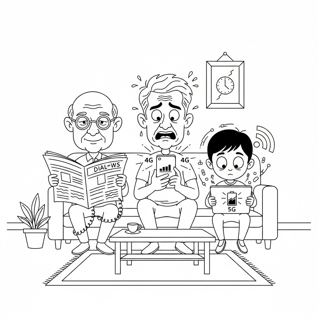 कार्टून रेखाचित्र में तीन पीढ़ियाँ—दादा अख़बार और चश्मे के साथ, पिता मोबाइल पर नेटवर्क सिग्नल देखते हुए, और बच्चा टैबलेट/स्मार्टफोन में डूबा—ऊपर बैटरी और वाई-फाई आइकन; व्यंग्यात्मक माहौल।