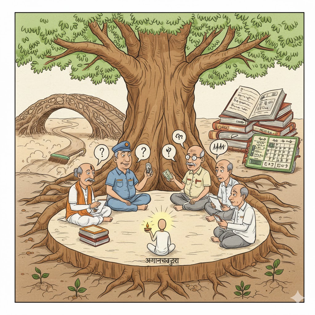 अज्ञानचबूतरे पर बैठे अलग-अलग उम्र और पेशों के लोग आपस में चर्चा करते हुए—बीच में एक साधारण कपड़ों में गुमनाम व्यक्ति, जिसके पीछे धुंधले अक्षरों में लिखा है “नाम”, और आसपास समाजसेवा, श्रम और सादगी के प्रतीक।