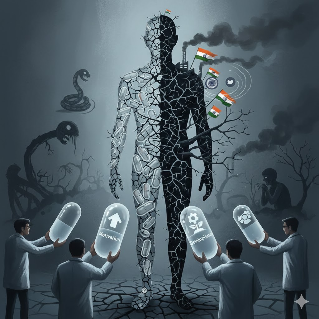 A conceptual editorial illustration showing a human silhouette made of cracks, half-body as a patient with medicine pills, half as a society with political flags, factory smoke, social media icons, and broken trees. Doctors handing placebo pills labeled “Motivation”, “Nationalism”, “Development”, while real diseases lurk in shadows. Dark muted colors, serious tone, symbolic and thought-provoking, Indian socio-political context, no text on image.