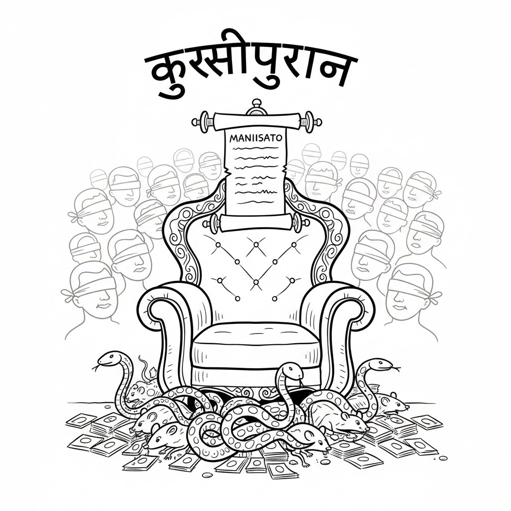 एक ब्लैक-एंड-व्हाइट लाइन कार्टून जिसमें एक खाली राजनीतिक कुर्सी दिखाई गई है। कुर्सी के नीचे नोटों के ढेर और सांप बने हैं, पीछे आँखों पर पट्टी बाँधे भीड़ के चेहरे हैं और ऊपर ‘कुर्सीपुराण’ लिखा है। यह चित्र सत्ता, धोखे और लोकतांत्रिक भ्रम का व्यंग्यात्मक प्रतीक है।