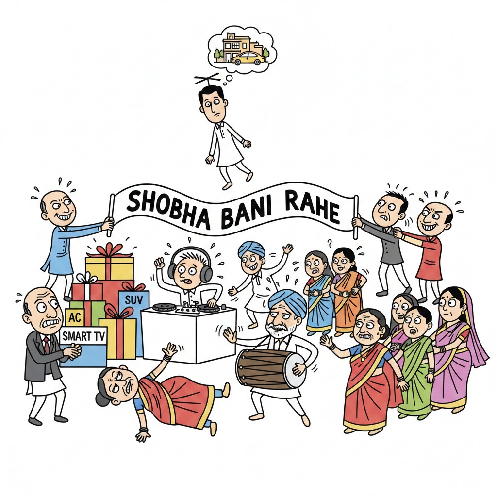 A satirical line caricature showing a middle-class Indian wedding scene where families, DJ speakers, relatives, and gift boxes swirl together in controlled chaos, symbolizing the emotional and financial drama of matrimony.