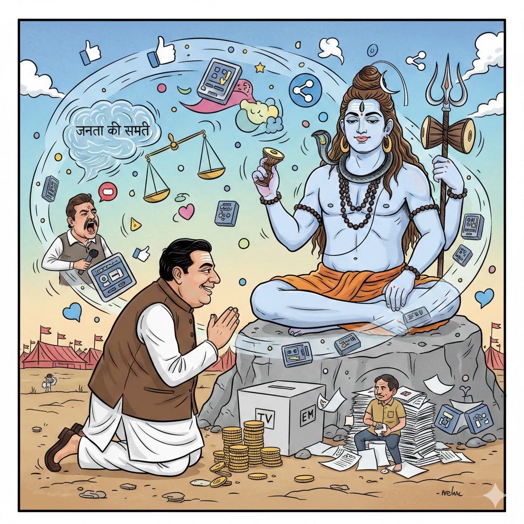 एक रंगीन व्यंग्यात्मक कार्टून रेखाचित्र जिसमें एक चालाक राजनेता हाथ जोड़कर भगवान शिव से प्रार्थना करता दिख रहा है, और उसके चारों ओर जनता की स्मृति, न्यायपालिका, ईमानदार अफ़सर, टीवी एंकर और ईवीएम जैसे प्रतीक तैरते हुए दिखाए गए हैं।