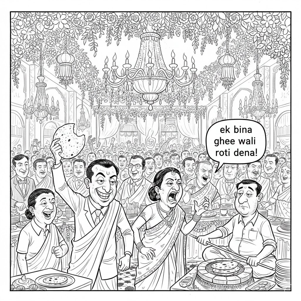 शादी समारोह का एक हास्यपूर्ण कार्टून रेखाचित्र जिसमें महंगे सूट पहने मेहमान तंदूर के सामने भीड़ लगाए खड़े हैं, कोई आधी रोटी पकड़े विजयी भाव से निकल रहा है, और तंदूर वाला गंभीर मुद्रा में रोटियाँ सेक रहा है।