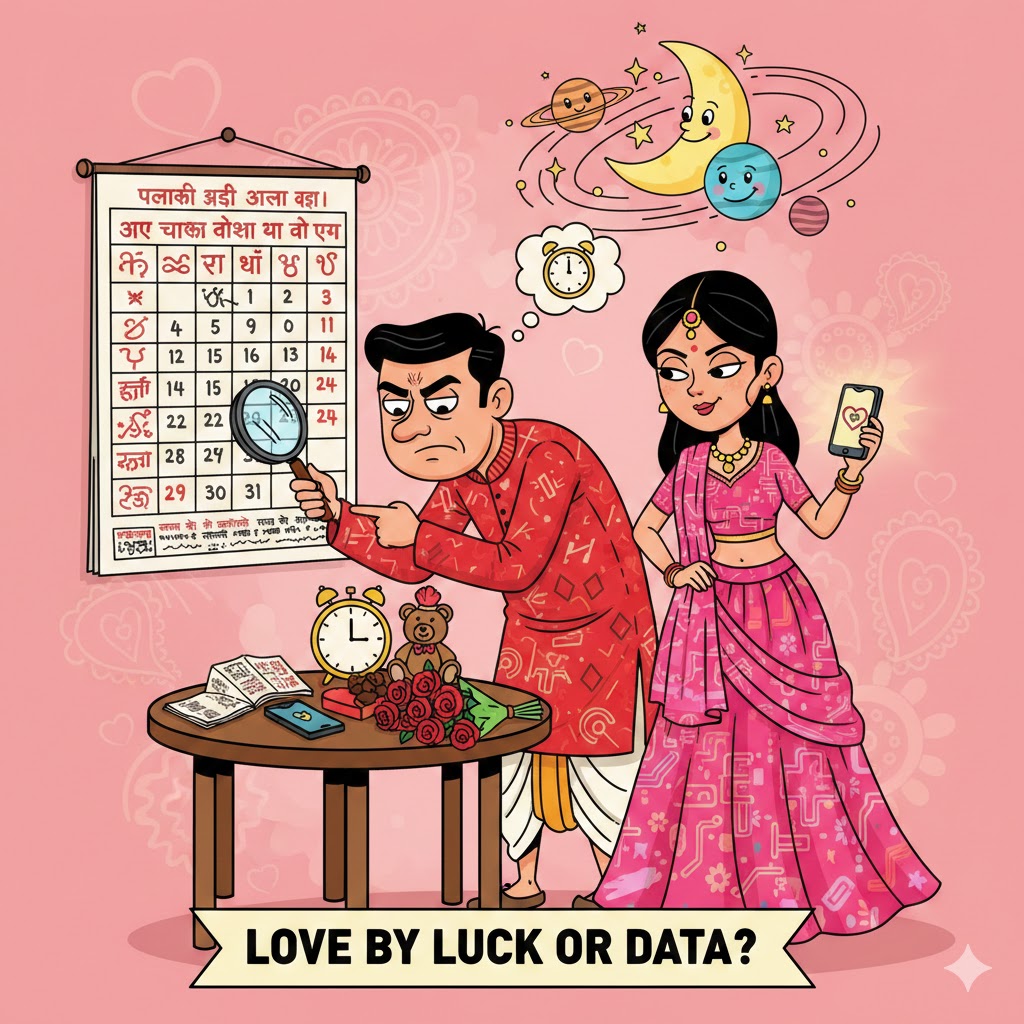 एक रंगीन कार्टून कैरिकेचर चित्र जिसमें एक प्रेमी जोड़ा लाल और गुलाबी परिधान में पंचांग, घड़ी और मोबाइल देखकर वैलेंटाइन मुहूर्त निकाल रहा है। पास में टेबल पर गुलाब, चॉकलेट और टेडी बियर रखे हैं। ऊपर आकाश में चंद्रमा और ग्रह-नक्षत्र हास्यपूर्ण मुस्कान के साथ झांक रहे हैं।