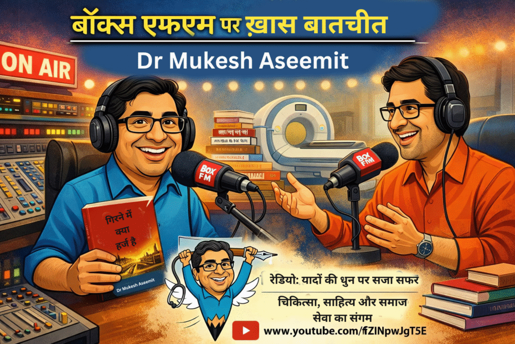 बॉक्स एफएम स्टूडियो में रेडियो साक्षात्कार के दौरान माइक्रोफोन के सामने बैठे डॉ. मुकेश चंद गर्ग, एंकर मुकुल गोश्वामी के साथ संवाद करते हुए; पृष्ठभूमि में रेडियो कंसोल और “On Air” साइन दिखाई दे रहा है।