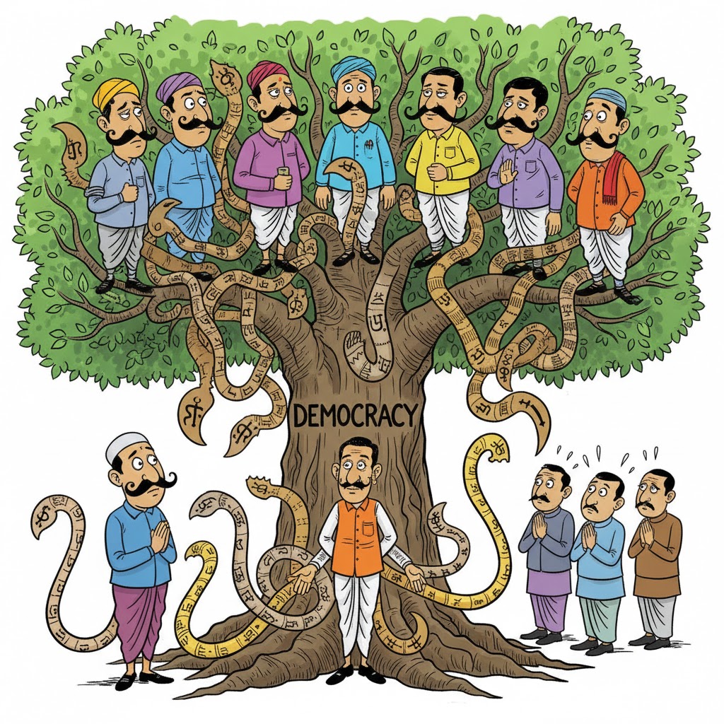 एक रंगीन व्यंग्यात्मक कार्टून रेखाचित्र जिसमें अलग-अलग लोग अपने पीछे लंबी-लंबी पूँछों के साथ खड़े हैं। पूँछों पर जातीय प्रतीक, झंडे और रंग दिख रहे हैं, और वे लोकतंत्र की एक पेड़ जैसी डाल पर लटके हुए हैं। कुछ पूँछें आपस में उलझी हुई हैं, जबकि लोग मूँछों पर ताव देकर गर्व से खड़े हैं।