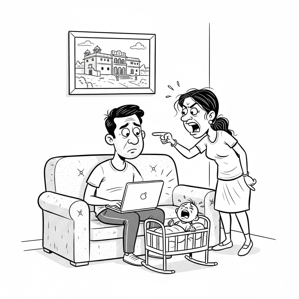 कार्टून शैली का रेखाचित्र जिसमें एक आधुनिक दंपती ड्रॉइंगरूम में बहस करते दिख रहे हैं। पति लैपटॉप में सिर झुकाए बैठा है, पत्नी नाराज़ मुद्रा में हाथ उठाकर तर्क कर रही है। पास में पालने में बच्चा रो रहा है। दीवार पर एक फ्रेम में पुरानी ग्रामीण हवेली की तस्वीर टंगी है, जो पीढ़ियों के टकराव का प्रतीक है।