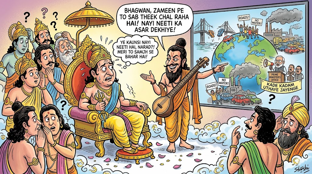 देवलोक की सभा में इंद्र सिंहासन पर बैठे चिंतित दिखाई दे रहे हैं, सामने नारद मुनि वीणा लेकर खड़े हैं और उन्हें मृत्युलोक की “कड़े कदम” वाली राजनीति की रिपोर्ट समझा रहे हैं। आसपास देवता चर्चा करते हुए दिखाई दे रहे हैं और पृष्ठभूमि में पृथ्वी पर हो रही अव्यवस्थाओं (हादसे, विरोध, भगदड़) के प्रतीकात्मक दृश्य दिखाए गए हैं।