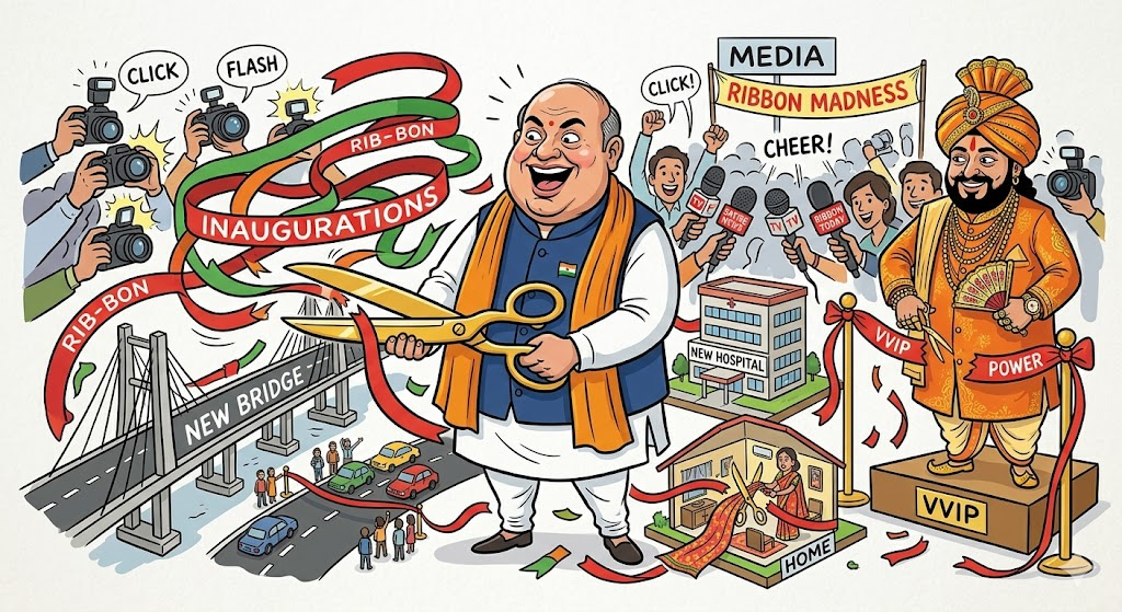 एक व्यंग्यात्मक कार्टून जिसमें एक नेता हर जगह बड़ी कैंची से फीते काटते हुए दिख रहा है जबकि एक बाबा उसका स्थान ले रहा है और मीडिया कैमरे चमक रहे हैं।