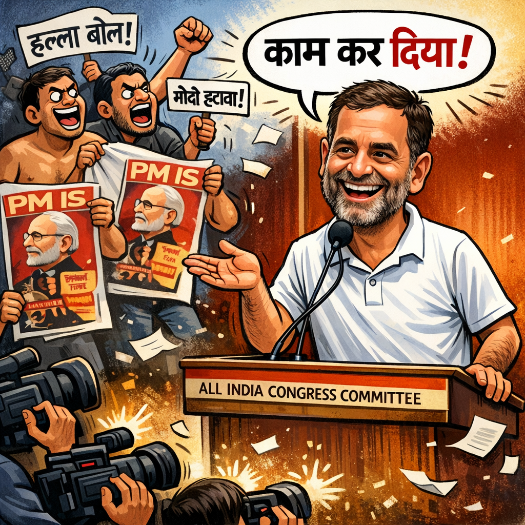 एक व्यंग्यात्मक कार्टून जिसमें मंच पर खड़ा एक नेता मुस्कराते हुए भाषण दे रहा है और पीछे कुछ कार्यकर्ता पोस्टर लेकर हंगामा कर रहे हैं। दृश्य यह संकेत देता है कि राजनीतिक दल कभी-कभी व्यवधान को भी उपलब्धि की तरह प्रस्तुत कर देते हैं।