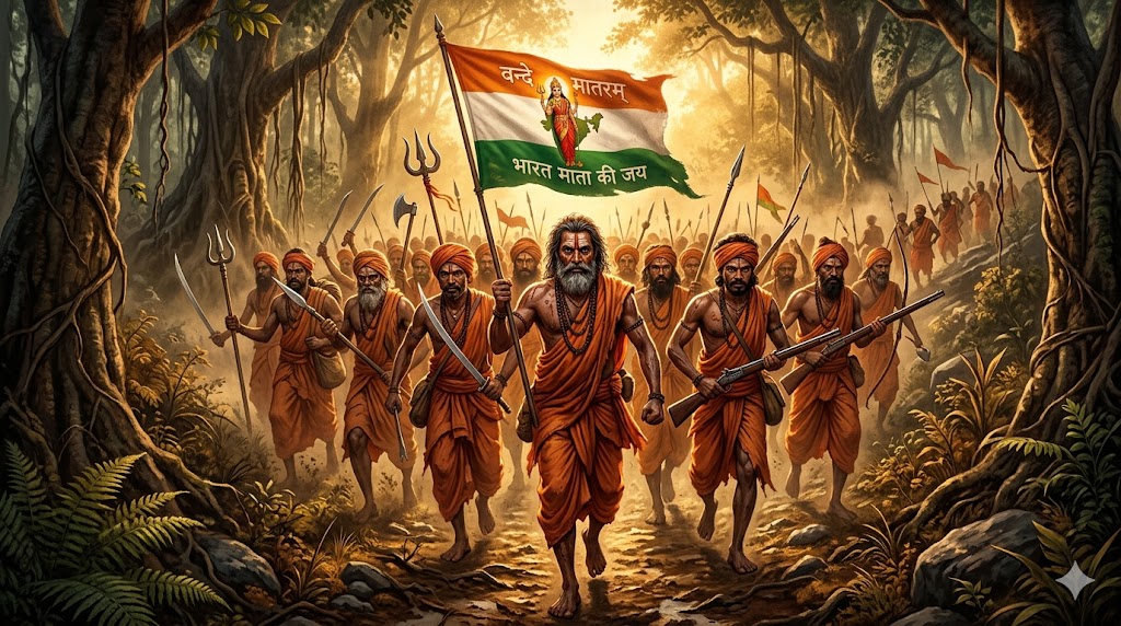 आनंदमठ उपन्यास की पृष्ठभूमि दर्शाती एक प्रतीकात्मक छवि जिसमें संन्यासी योद्धा जंगल में आगे बढ़ते हुए भारतमाता के ध्वज के साथ दिखाई दे रहे हैं, वातावरण में संघर्ष, त्याग और राष्ट्रभक्ति का भाव।