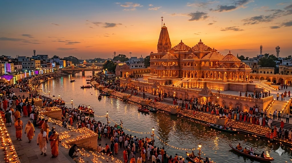 अयोध्या में भव्य श्रीराम मंदिर का दृश्य, सरयू तट और दीपोत्सव के दीपों से जगमगाती नगरी, विकसित भारत 2047 के सांस्कृतिक और आध्यात्मिक प्रतीक के रूप में उभरती अयोध्या।