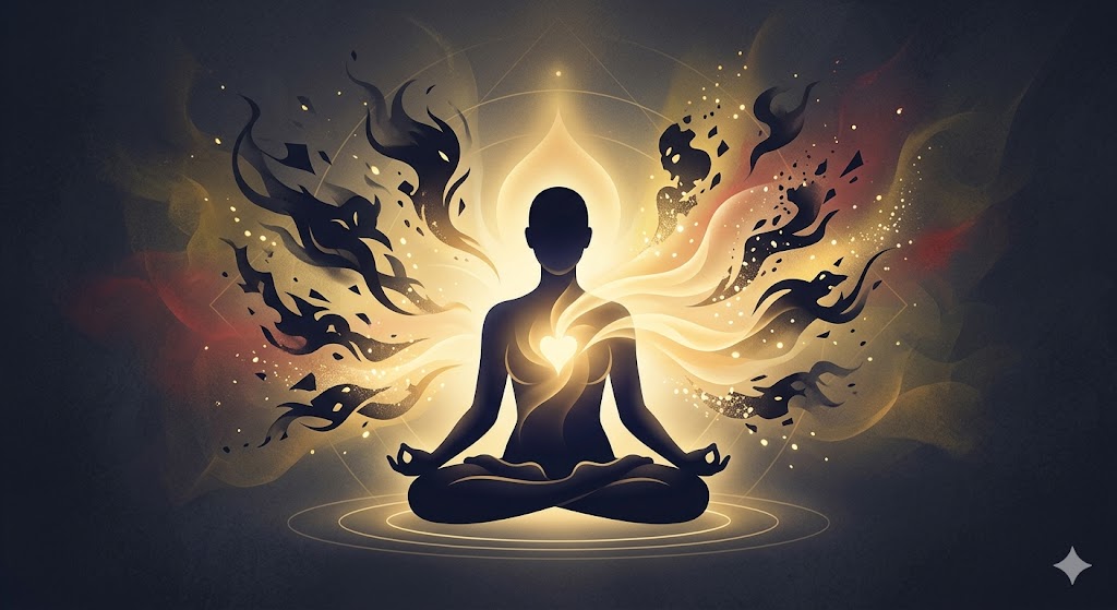 ध्यान मुद्रा में बैठा एक मानव आकृति, जिसके भीतर से सुनहरी देवी-शक्ति प्रकाश के रूप में प्रकट हो रही है, और चारों ओर फैले अंधकारमय अमूर्त आकार (आंतरिक विकार) उस प्रकाश में विलीन हो रहे हैं।