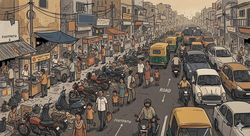 शहर की सड़क पर अतिक्रमण से घिरे फुटपाथ पर चलते पैदल यात्री, टूटा और अवरुद्ध रास्ता