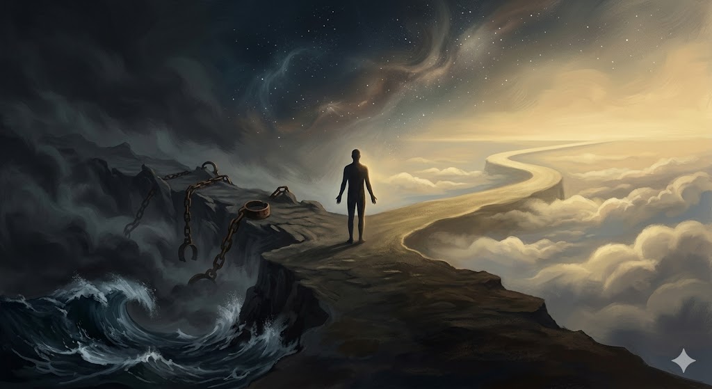 An abstract illustration of a human silhouette standing at a crossroads, one path descending into shadow filled with waves and chains, the other ascending toward light and open sky, symbolizing the tension between instinct and higher consciousness, free will and destiny.