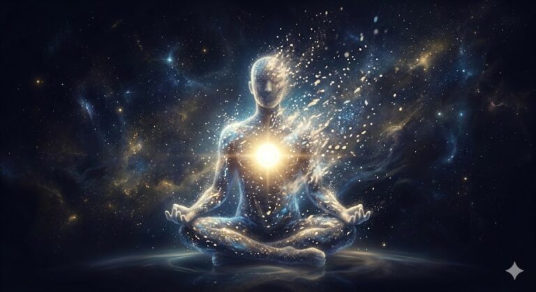 A symbolic illustration of a human figure standing calmly while their outer silhouette dissolves into light particles, representing the transient body and mind. A steady glowing light remains at the center of the chest, symbolizing the witnessing consciousness beyond change.