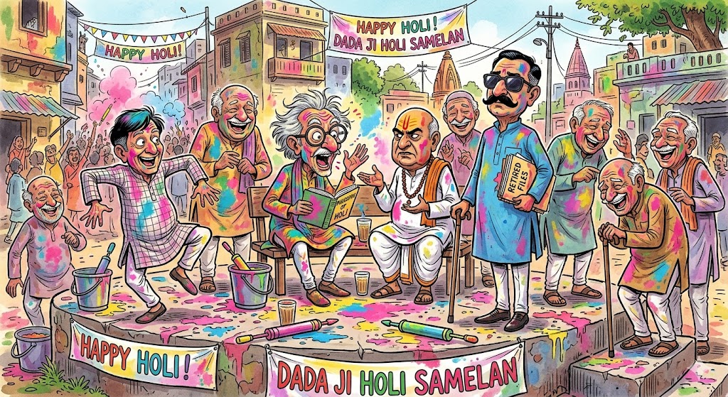“कस्बे के अज्ञान चबूतरे पर इकट्ठा हुए रंग-बिरंगे कपड़ों में सजे रिटायर्ड बुजुर्गों की होली टोली—कोई छड़ी के सहारे, कोई डाई किए बालों के साथ, हंसी-ठिठोली करते हुए ढलती उम्र के अकेलेपन को रंग और हास्य से दूर करने की कोशिश करता हुआ।”