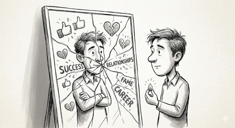 A thoughtful person looking into a cracked mirror where their reflection shows hidden illusions breaking apart, symbolizing how emotional hurt reveals inner dependence and self-awareness.