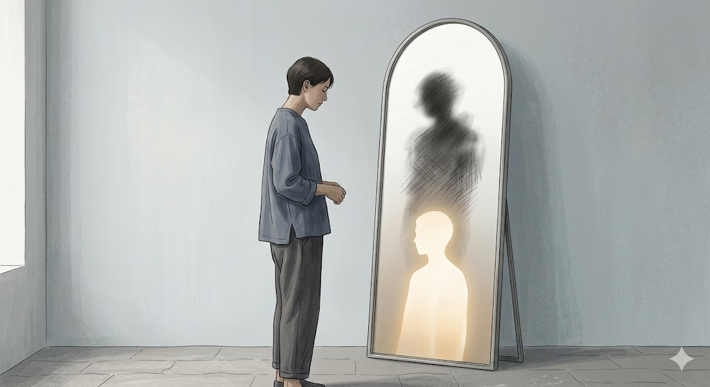 A reflective person looking into a mirror where the reflection gradually transforms from a shadowy figure into a clearer and brighter version, symbolizing honest self-awareness and personal growth.