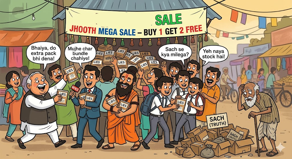 झूठ महोत्सव में भीड़ लगी हुई है, लोग सेल्स काउंटर से झूठ खरीद रहे हैं और एक बूढ़ा व्यक्ति सच ढूंढता हुआ दिख रहा है