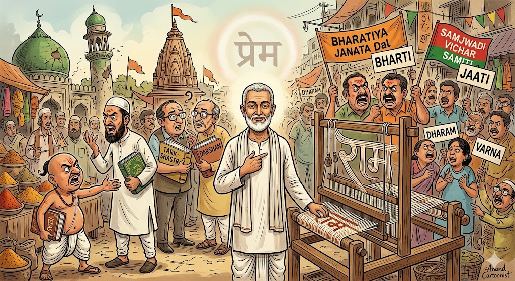 काशी के बाज़ार के बीच करघे के पास खड़े संत कबीर, चारों ओर पंडित, मौलवी, विद्वान और बहस करते लोग—कबीर शांत खड़े प्रेम और मानवता की ओर संकेत करते हुए।