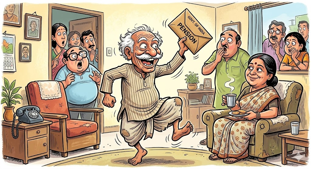 कार्टून शैली में एक खुश बुज़ुर्ग पेंशनर हाथ में पेंशन की थैली लिए नाच रहा है, पास में उसकी पत्नी मुस्कुरा रही है और पीछे रिश्तेदार चिंतित चेहरों से उसे देख रहे हैं।