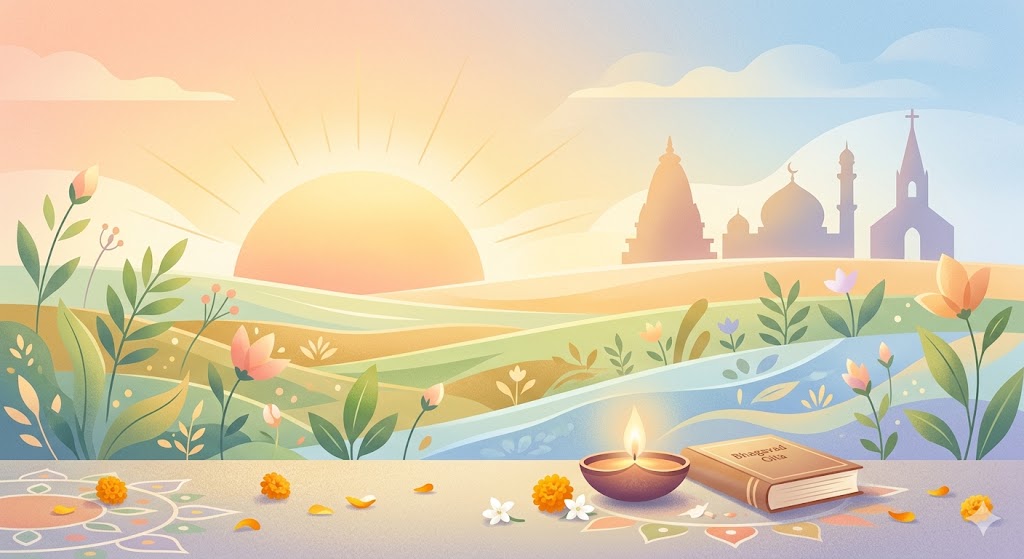 वसंत ऋतु का शांत और उज्ज्वल दृश्य—उगते सूर्य की सुनहरी किरणें हरे-भरे खेतों, नई कोंपलों और खुले आकाश को आलोकित कर रही हैं। पृष्ठभूमि में मंदिर, मस्जिद और गिरजाघर की धुंधली आकृतियाँ, जो एकता और प्रेम का प्रतीक हैं। अग्रभाग में दीप, कलश और एक खुली पुस्तक रखी है, जिनसे ज्ञान, नवआरंभ और सांस्कृतिक चेतना का भाव झलकता है।