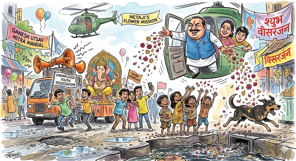 गणेश विसर्जन रैली के ऊपर हेलीकॉप्टर से नेता द्वारा फूल बरसाए जा रहे हैं, लेकिन फूल रैली पर गिरने के बजाय पास की नाली में गिर रहे हैं और बच्चे व कुत्ता आश्चर्य से ऊपर देख रहे हैं—राजनीतिक दिखावे पर व्यंग्यात्मक कार्टून।