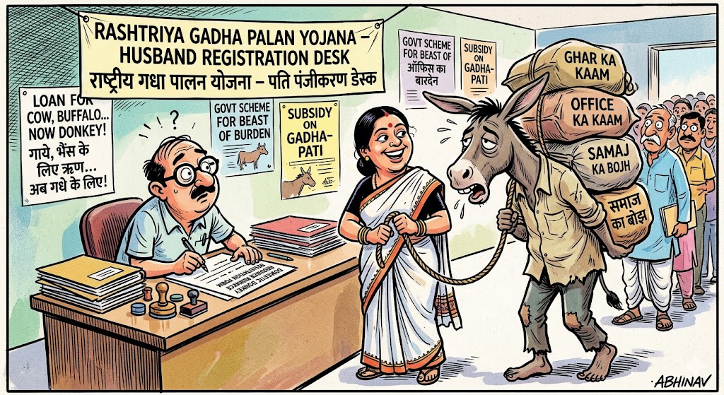 कार्टून कैरीकेचर जिसमें एक सरकारी काउंटर पर “राष्ट्रीय गधा पालन योजना” का बोर्ड लगा है और एक महिला अपने पति को रस्सी से पकड़े “पति पंजीकरण” फॉर्म भरवा रही है, जबकि सरकारी बाबू उसे “घरेलू गधा संसाधन” के रूप में दर्ज कर रहा है।