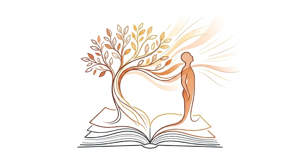 हिंदी साहित्य की अवधारणा, साहित्य और समाज-संस्कृति का संबंध तथा छायावाद, प्रगतिवाद और प्रयोगवाद जैसे प्रमुख साहित्यिक वादों को दर्शाती एक मिनिमलिस्टिक प्रतीकात्मक चित्रात्मक प्रस्तुति