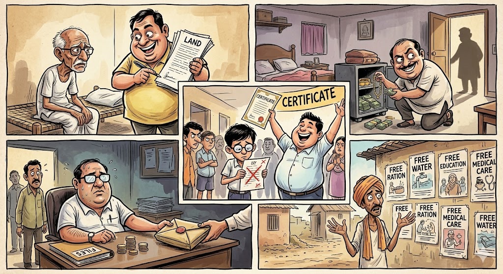 कार्टून शैली का चित्र जिसमें समाज के पाँच अलग-अलग दृश्य दिखाई दे रहे हैं — एक लालची बेटा जमीन के कागज़ पकड़े, एक नौकर चोरी करते हुए, एक छात्र रिज़ल्ट देखकर दुखी, एक सरकारी बाबू रिश्वत लेते हुए और एक ग्रामीण मुफ्त योजनाओं के पोस्टर के नीचे खड़ा।