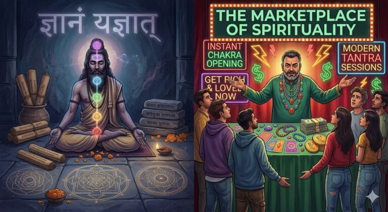 एक प्रतीकात्मक चित्र जिसमें ध्यानमग्न साधक की शांत ऊर्जा और दूसरी ओर आधुनिक तांत्रिक बाज़ार की चमक-दमक को दर्शाया गया है, जो असली आध्यात्मिक साधना और नकली तंत्र के व्यापार के बीच अंतर को दर्शाता है।