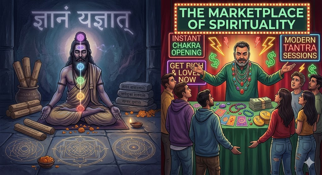 एक प्रतीकात्मक चित्र जिसमें ध्यानमग्न साधक की शांत ऊर्जा और दूसरी ओर आधुनिक तांत्रिक बाज़ार की चमक-दमक को दर्शाया गया है, जो असली आध्यात्मिक साधना और नकली तंत्र के व्यापार के बीच अंतर को दर्शाता है।