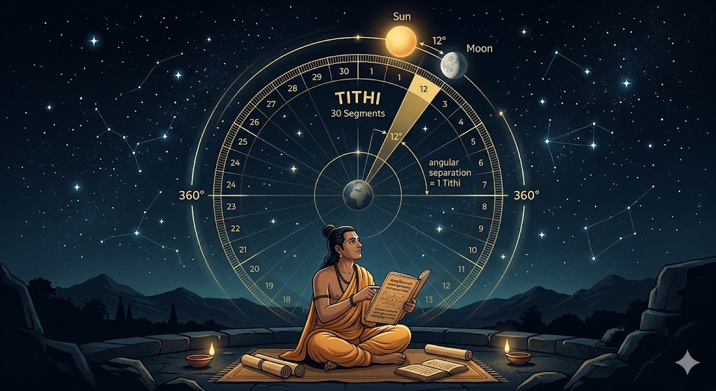 आकाशीय पृष्ठभूमि में सूर्य और चंद्रमा के बीच कोणीय दूरी को दर्शाता एक चित्र, जिसमें 360 डिग्री के वृत्त को 30 भागों में विभाजित किया गया है, और एक विचारशील व्यक्ति पंचांग की तिथि को समझने का प्रयास कर रहा है।
