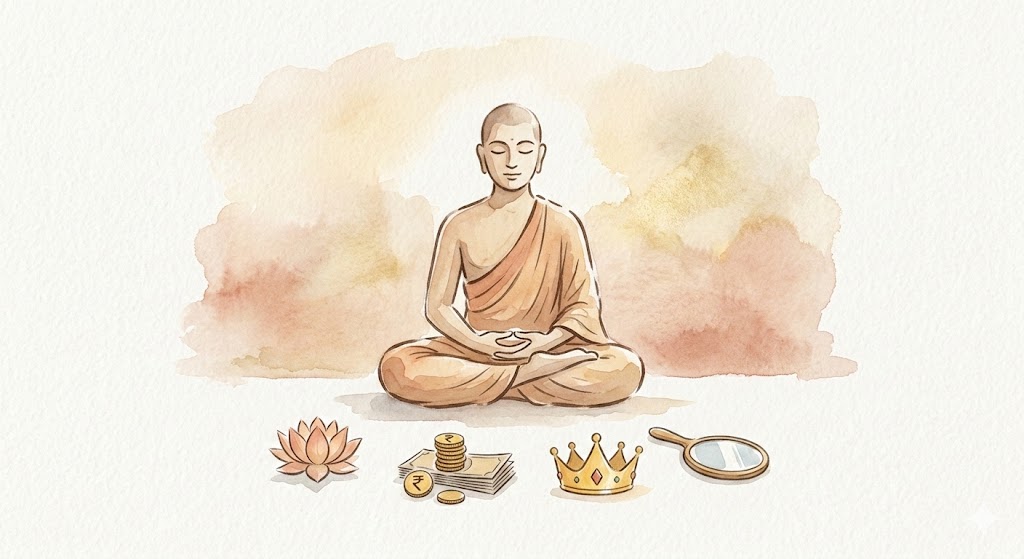 ध्यान मुद्रा में बैठा व्यक्ति सामने रखी वस्तुओं को शांत दृष्टि से देख रहा है, जो वस्तु और विषय के बीच के दार्शनिक अंतर और वैराग्य के भाव को दर्शाता है।