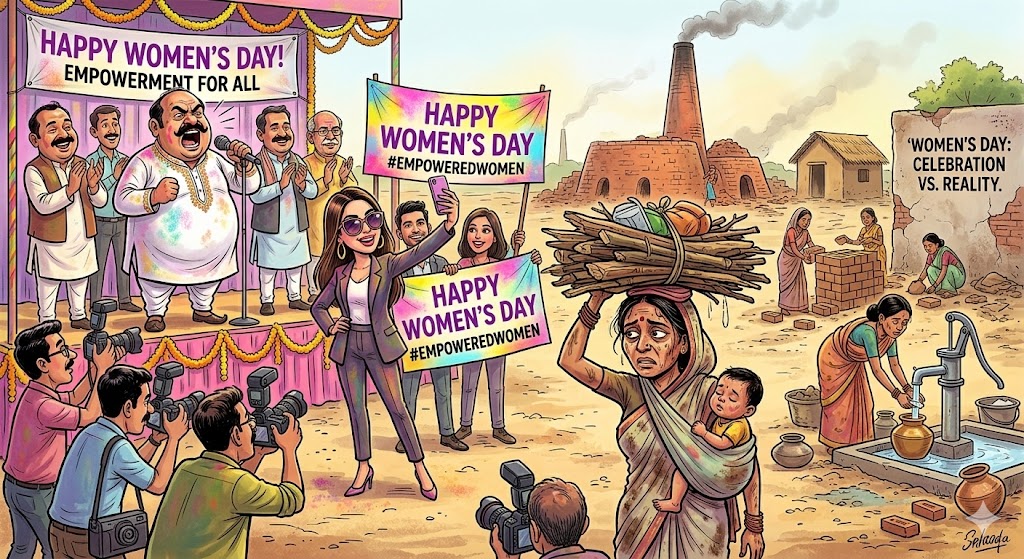 “एक व्यस्त भारतीय महिला जो एक साथ कई जिम्मेदारियाँ निभा रही है—एक हाथ में बच्चे को संभालते हुए, सिर पर बोझ उठाए, और आसपास लोग ‘हैप्पी वुमेन्स डे’ के पोस्टर और सेल्फी लेते हुए।”