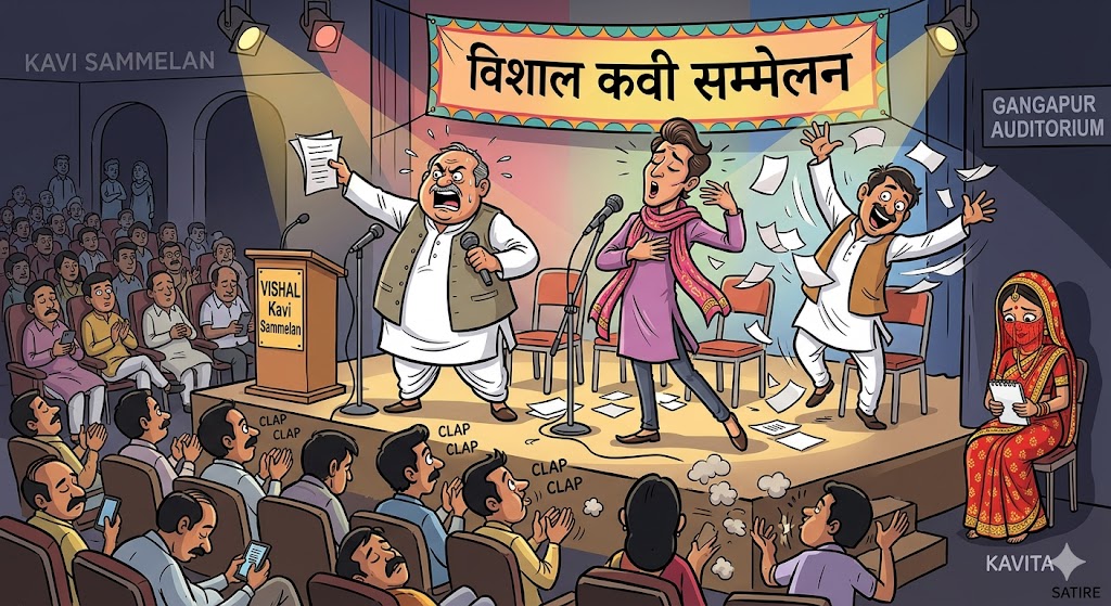 मंच पर कवि सम्मेलन का दृश्य जहाँ कवि अभिनय, चुटकुले और इशारों में व्यस्त हैं जबकि असली कविता कोने में घूंघट ओढ़े उपेक्षित बैठी है