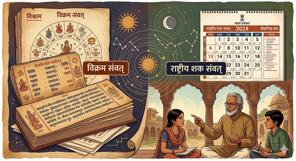 एक चिंतनशील भारतीय शैली का दृश्य, जिसमें प्राचीन पंचांग, कैलेंडर के पन्ने, सूर्य और चंद्रमा के प्रतीक, तथा समय-गणना पर विचार करता हुआ एक विद्वान दिखाई दे रहा है; पृष्ठभूमि में विक्रम संवत और शक संवत के महीनों का सांकेतिक संयोजन।