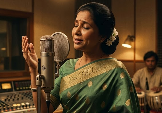 आशा भोंसले का भावपूर्ण चित्र, भारतीय संगीत की महान गायिका, जिनकी आवाज़ पीढ़ियों तक गूंजती रही