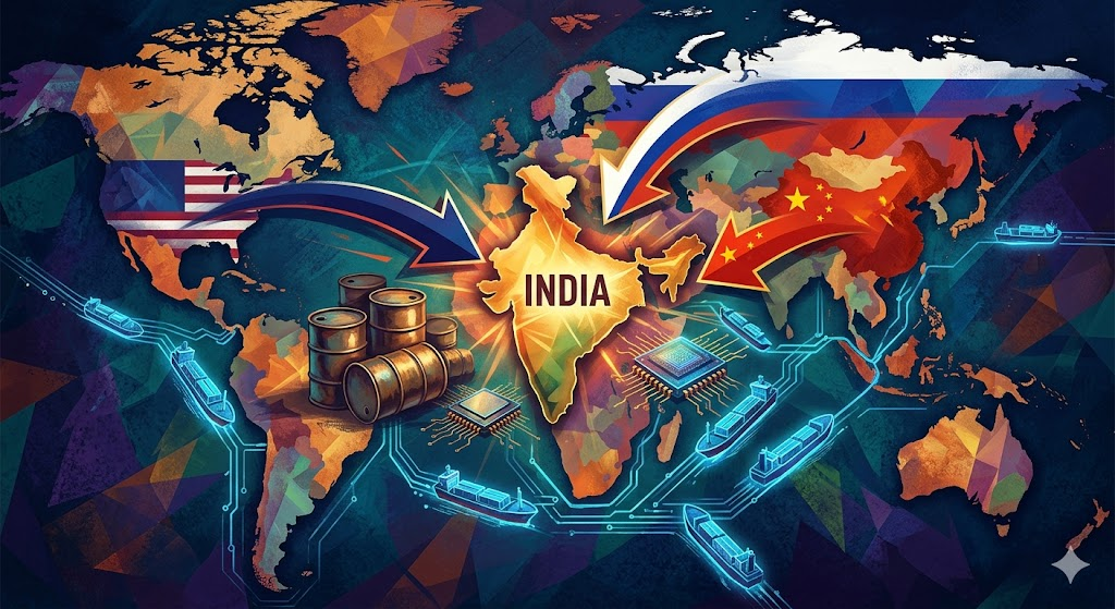 Global geopolitical map showing India at the center balancing tensions between major powers like the US, China, Russia, and Middle East regions, symbolizing strategic diplomacy and pressure from multiple directions.