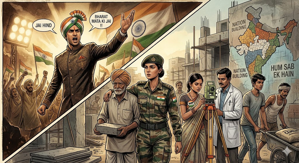 धुरंधर 2 फिल्म में देशभक्ति का यथार्थवादी चित्रण दिखाता दृश्य, जिसमें सैनिक, नागरिक और सामाजिक जिम्मेदारी का संतुलित प्रतिबिंब नजर आता है