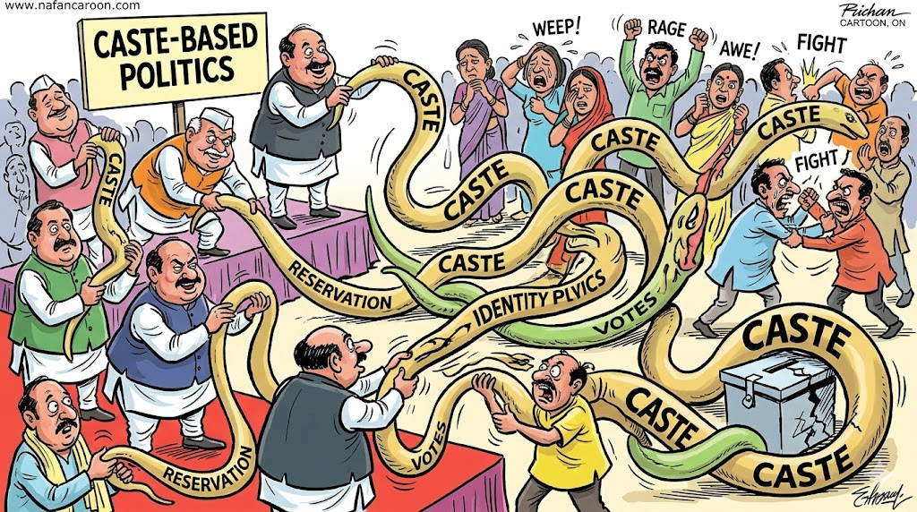 Satirical cartoon of Indian society where people have symbolic caste tails influencing politics, identity, and social hierarchy.